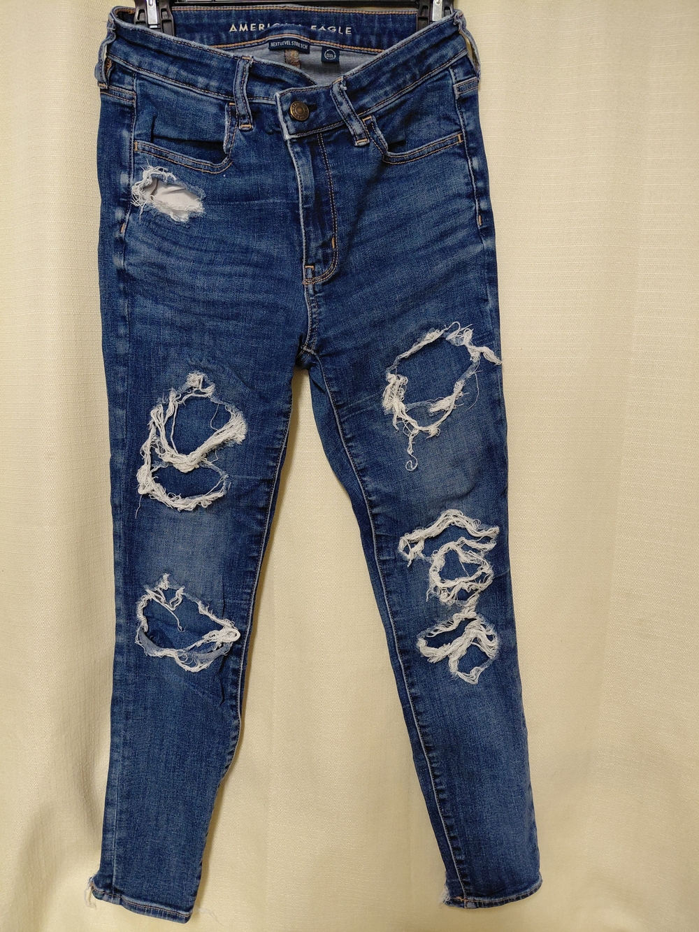 American Eagle Outfitters Distressed Dark Blue High Rise Soft Stretch Jeans (6)